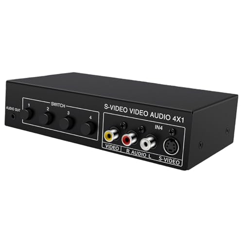 4x1 S Video and RCA Switcher, 4 Input 1 Output Audio Video Switch Selector Box for Game Consoles DVD Players, 720P Metal Shell Manual Push Button Switcher