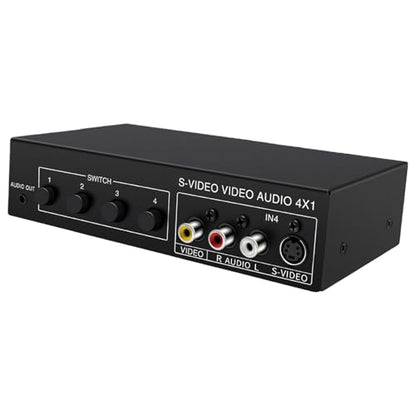 4 Way Av Switcher RCA Selector, 4x1 Composite Video & S-Video Switch Box with Stereo, Manual Push Button Source Selector for Tv DVD Stb Gaming Console,6.41"x3.42"x1.53"