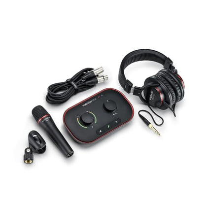 Focusrite Vocaster One Studio – Podcasting Interface for Solo Podcast Recording with Professional Quality Vocaster DM1 Dynamic Microphone & HP60v Headphones. 1 Mic Input & Headphone Output | Podcasting Interface for Solo Podcast Recording with Vocaster DM