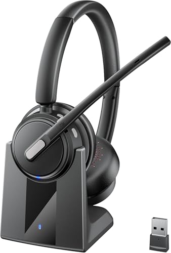Mopchnic Bluetooth Headset with Microphone, Wireless Office Headset, ENC Noise Cancelling, USB Dongle, Charging Base, One-Tap Mute, 50H Talk Time for Zoom Teams, Call Center, Online Class