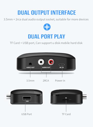 Bluetooth 5.0 Receiver for Home Stereo Adapter for HiFi Music Streaming, Wired Speakers, NFC Connection，with AUX 3.5mm/RCA, Long Range,Low Latency and HD Audio