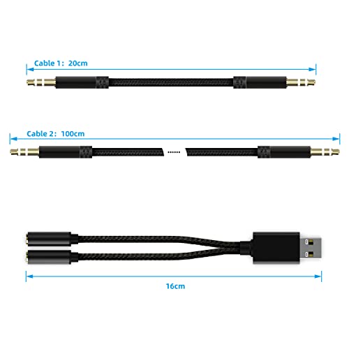 USB to Dual 3.5mm Audio Jack Adapter, Mic-Supported Headphone Adapter for Two Headphones, Speakers to Laptop, with 3-Pole 3.5mm Jack Audio Cables (20cm&100cm) [3 Pack], Black