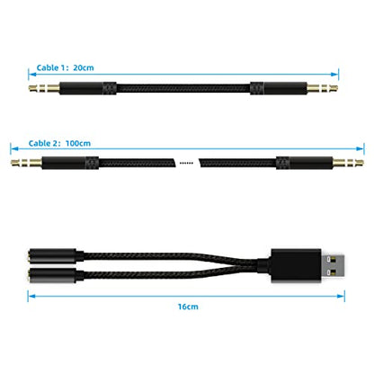 USB to Dual 3.5mm Audio Jack Adapter, Mic-Supported Headphone Adapter for Two Headphones, Speakers to Laptop, with 3-Pole 3.5mm Jack Audio Cables (20cm&100cm) [3 Pack], Black