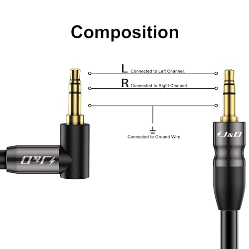 J&D 1/8 Stereo Cable, 3.5mm Extension Double Male Stereo Audio Aux Jack to Jack Cable 90 Degree Right Angle for Phone Tablet MP3 Player and All Other Devices, 10 Feet (Pack of 2) - size: 10 Feet (Pack of 2)