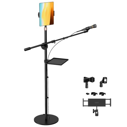 Boom Mic Stand Floor for Singing, Podcast, Studio, Live Streaming | Include Tray and Tablet Hoder, 2.9LBS Round Base, Adjutable Height 16"–63", Compatible with Yeti, SM58, QuadCast, K669B, Q2U