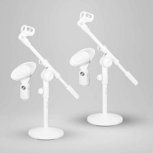 5 Core Desk Microphone Stand Adjustable Round Base with Boom Arm, 3/8'' and 5/8/'' Threaded Mount and Mic Holder for Kick Drums Guitar Amps White - MSSB W