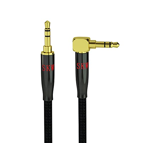 SKW Audiophile 3.5mm Right-Angle Stereo Aux Cable 1/8" TRS 3.2ft/1m | Dual-shielded, gold-plated contacts, nylon-braided jacket, sturdy and durable, Hi-Fi stereo fidelity, 90 degrees - color: Black-straight to bend, size: 3.2ft (1m)