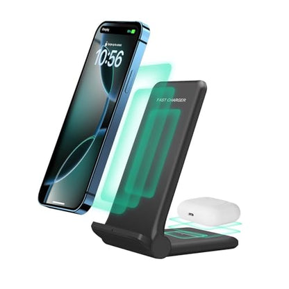 2 in 1 Wireless Charger,Foldable 20W Fast Wireless Charging Stand Compatible with iPhone 17/16/16 Pro/15/14/X/AirPods,Dual Phone Induction Charge Station for Samsung,Pixel,Xperia,LG(No Plug) - color: Black