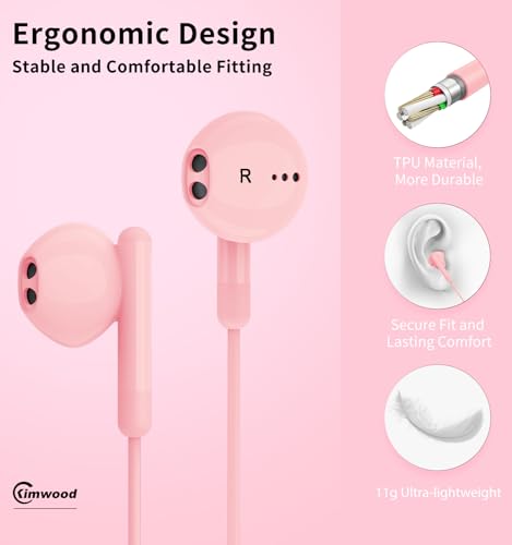 Kimwood Wired Earbuds with Microphone, Wired Earphones in-Ear Headphones HiFi Stereo, Powerful Bass and Crystal Clear Audio, Compatible with iPhone, Android, Computer Most with 3.5mm Jack - color: Pink, size: regular