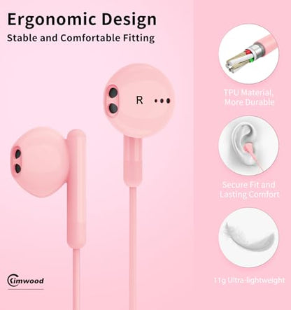 Kimwood Wired Earbuds with Microphone, Wired Earphones in-Ear Headphones HiFi Stereo, Powerful Bass and Crystal Clear Audio, Compatible with iPhone, Android, Computer Most with 3.5mm Jack - color: Pink, size: regular