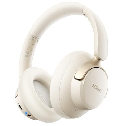 BERIBES Hybrid Active Noise Cancelling Headphones Wireless Over Ear 70Hours | Foldable Bluetooth 6.0,Transparent Modes,3.5MM Cable,Lightweight Built-in Mic,HiFi Stereo Deep Bass,Soft-Earpad,Fast Charging - color: Beige