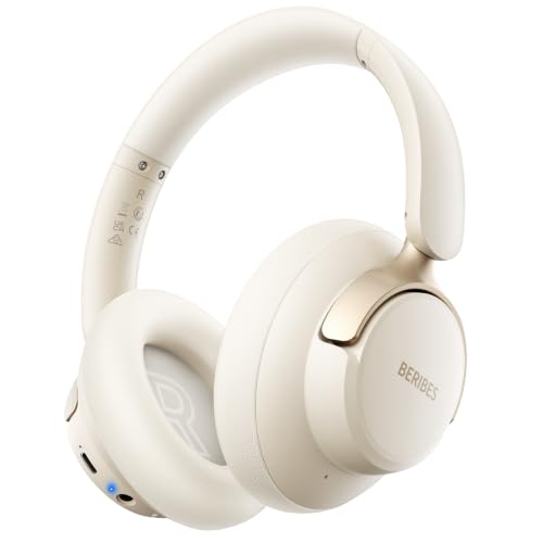 BERIBES Hybrid Active Noise Cancelling Headphones Wireless Over Ear 70Hours | Foldable Bluetooth 6.0,Transparent Modes,3.5MM Cable,Lightweight Built-in Mic,HiFi Stereo Deep Bass,Soft-Earpad,Fast Charging - color: Beige