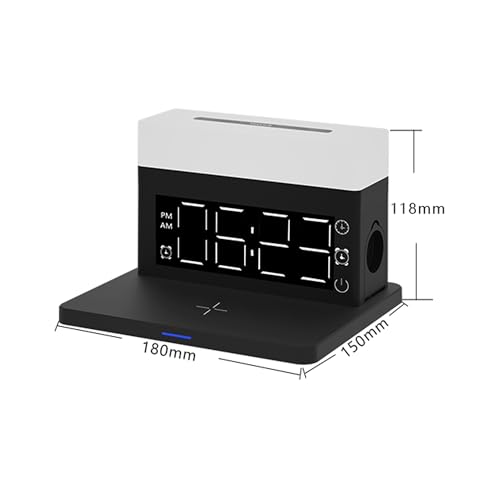 IHAO 6in1 Smart Alarm Clock with Wireless Charger RGB Mood Light 15W Fast Wireless Charging for All Qi Phone TWS Headphone Compliant with i-Watch 7 Color Night Light Large Digital Display-Black - color: Multifunctional Alarm Clock Black
