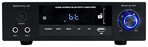 Rockville BluAmp 150 Home Stereo Bluetooth Amplifier Receiver, 75W x 2 | Optical/Phono/RCA Inputs, USB/SD Playback, 2 Mic Jacks for Karaoke, Class D, Remote Included