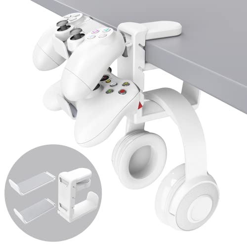 EURPMASK 3-in-1 Rotating Headphone Stand w/2 Detachable Controller Holders | Adjustable Clamp-on Headset Holder Hanger,360°Swivel,Gaming Headset Hanger,Cable Organizer,Keep Headphones Secure&Desk Tidy - color: White Pro