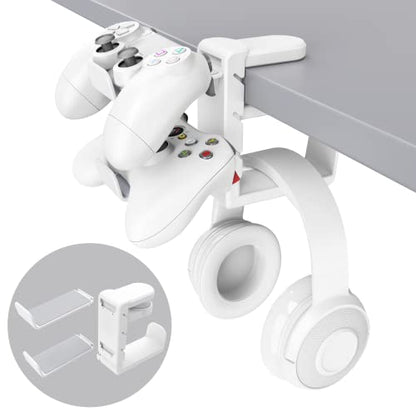 EURPMASK 3-in-1 Rotating Headphone Stand w/2 Detachable Controller Holders | Adjustable Clamp-on Headset Holder Hanger,360°Swivel,Gaming Headset Hanger,Cable Organizer,Keep Headphones Secure&Desk Tidy - color: White Pro