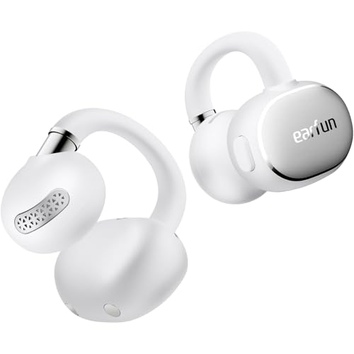 EarFun Clip 2 Open Ear Earbuds, Clip On Headphones, LDAC, Hi-Res Audio, 12mm Titanium Driver, 4 Mics AI Clear Call, AI Translation Earbuds, Secure Fit, 40H Playtime, Bluetooth 6.0 for Running, White - color: White