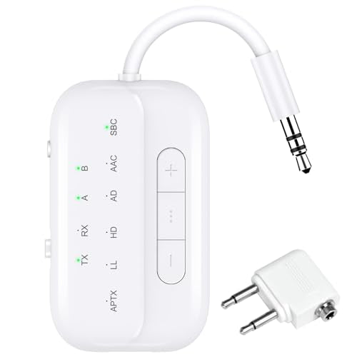 2026 Upgraded Pro Bluetooth 5.4 Transmitter Receiver,2-in-1 Airplane Wireless Adapter for Flight,TV,PC,Gym,Switch,Compatible with 2 AirPods/Headphones;Audio AUX Receiver for Car/Home Stereo - color: White