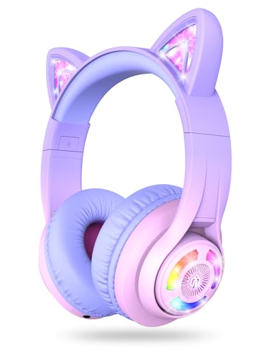 iClever BTH13 Kids Bluetooth Headphones for Girls, LED Cat Ear Travel Gift | SafeSound Tech, 50H Playtime, USB C Charging, AUX Cable, Stereo Sound, Kids Headphones Wireless with Mic for Tablet PC - color: Pink Gradient