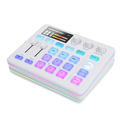 Portable Audio Mixer & Live Sound Card with Voice Changer, RGB Gaming Lights, Bluetooth Accompaniment, Compatible with, PC, for Streaming and Podcasting (White)