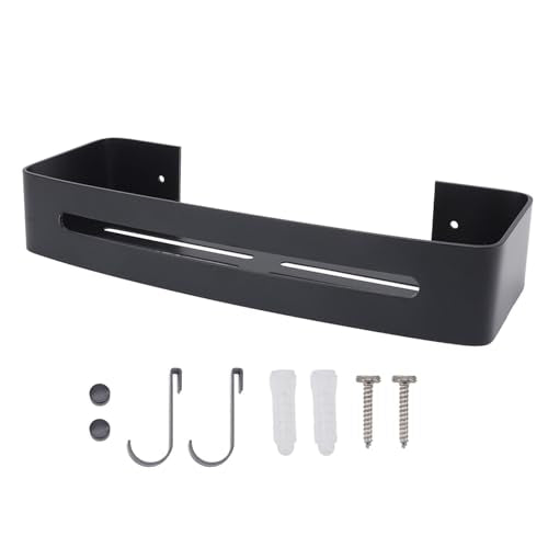 Bathroom Floating Shelf Wall Mount Bathroom Shelf Shower Bath Rack Single Layer Space Aluminum Bathroom Floating Wall Shelves with Hooks (Black)