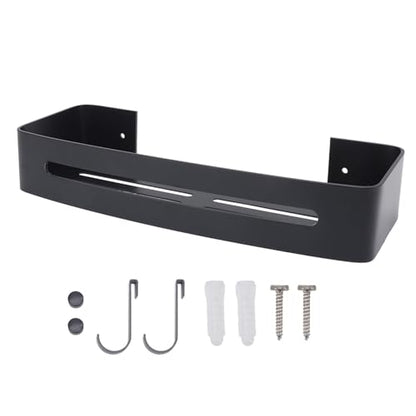Bathroom Floating Shelf Wall Mount Bathroom Shelf Shower Bath Rack Single Layer Space Aluminum Bathroom Floating Wall Shelves with Hooks (Black)