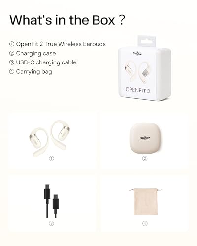 SHOKZ OpenFit 2 Open-Ear Earhook Bluetooth Earbuds, White,48H Playtime | Bundle with Carrying Bag; Powerful bass; IP55 Water-Resistant; AI call clarity; Bluetooth 5.4; Gym/outdoor/home use - color: Beige, style: Charging：USB-C