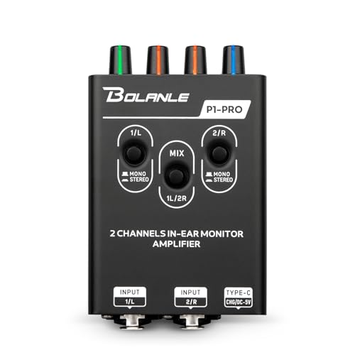 Bolanle P1-Pro 2-Channel Personal in-Ear Monitor Amplifier, Black | Stereo headphone amp with dual XLR/TRS inputs, mono/stereo switching, mix/balance, 3.5 mm output, USB-C 5V or 2 AAA power - color: P1 PRO(Black)