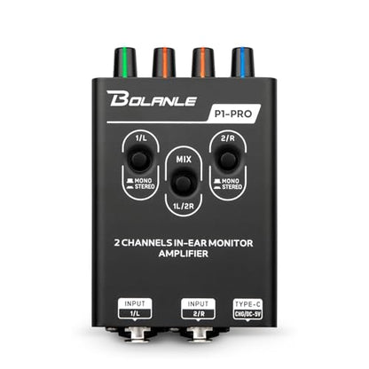 Bolanle P1-Pro 2-Channel Personal in-Ear Monitor Amplifier, Black | Stereo headphone amp with dual XLR/TRS inputs, mono/stereo switching, mix/balance, 3.5 mm output, USB-C 5V or 2 AAA power - color: P1 PRO(Black)