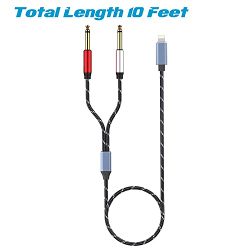 Lightning to Dual 6.35mm 1/4" TS Mono Stereo Y-Cable Splitter to Dual 1/4 inch Audio Cable Compatible for iPhone12/11/X/XS/XR/8/7/iPad,Amplifier, Speaker, Headphone, Mixing Console 10FT - size: 10 ft, style: Lightning (Dual 6.35mm cable)