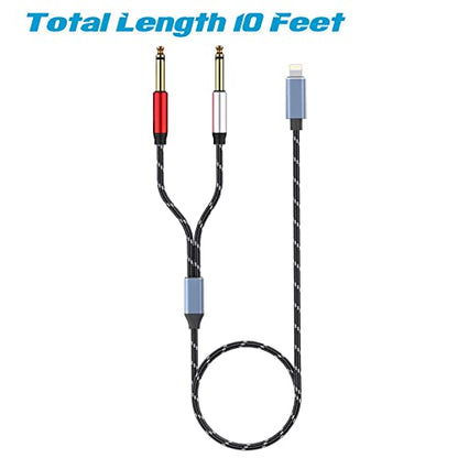 Lightning to Dual 6.35mm 1/4" TS Mono Stereo Y-Cable Splitter to Dual 1/4 inch Audio Cable Compatible for iPhone12/11/X/XS/XR/8/7/iPad,Amplifier, Speaker, Headphone, Mixing Console 10FT - size: 10 ft, style: Lightning (Dual 6.35mm cable)