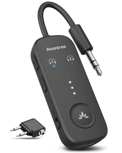 Avantree Relay - Airplane Bluetooth Adapter for 2 AirPods or Headphones | Qualcomm aptX Adaptive, 25H Battery, Firmware Upgrades, Volume Controls, 3.5mm AUX Audio Transmitter for Flight Travel & Gym - color: 1-Black