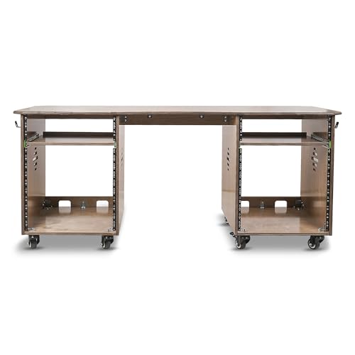 Sound Town DIY Music Studio Rack Desk Workstation with 2 X 13U Side Cabinets, Two Slide-Out Trays, Casters, Plywood, Weathered Brown for Recording Room, Home Studio (SDRK-WS69) - size: 2X13U(3U Top+10U Lower),Weathered Brown