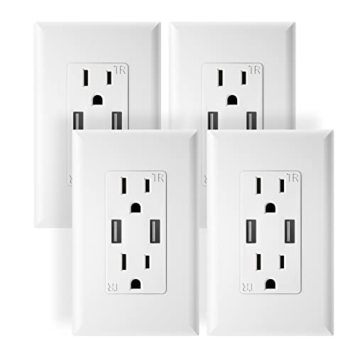 Outlet with USB High Speed Charger 4.8A Charging Capability,Duplex Receptacle 15 Amp, Tamper Resistant Wall Socket USB Outlet,Child Proof Safety,Screwless Wall Plate,White (4 Pack) - size: 4.8 A / 4 Pack