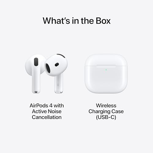 Apple AirPods 4 Wireless Earbuds, Bluetooth Headphones, with Active Noise Cancellation, Adaptive, Transparency Mode, Personalized Spatial Audio, USB-C Charging Case, Wireless Charging, H2 Chip - style: With Active Noise Cancellation