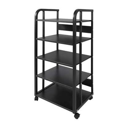 5 Tier Rolling AV Media Stand, Corner Audio Video Equipment Rack with Locking Wheels, Adjustable Shelves for Stereo Receiver Speakers and TV Components, Black