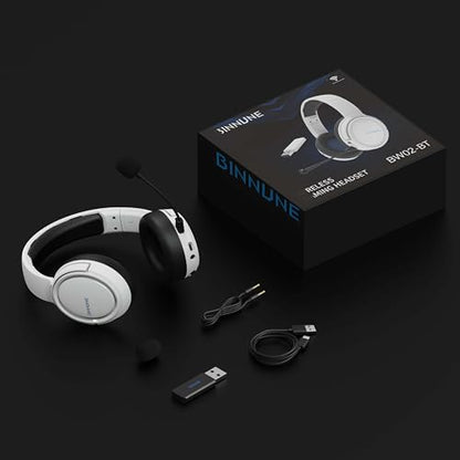 BINNUNE Wireless Gaming Headset — 2.4GHz Low-Latency USB Dongle + Bluetooth, 50mm Drivers 7.1 Surround, Noise-Cancelling Mic, 40H Battery — Over Ear Wireless Headphones for PS5, PC, Laptop, White - color: White