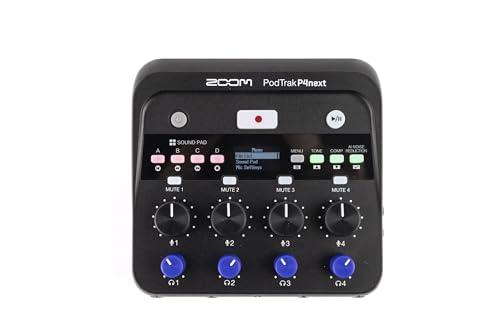 Zoom PodTrak P4next Podcast Recorder with 4 Inputs + AI Noise Reduction | 4 Mic Inputs, 4 Headphone Outputs, Sound Pads, Phone Input, USB Audio Interface, Battery Powered for Podcasting