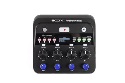 Zoom PodTrak P4next Podcast Recorder with 4 Inputs + AI Noise Reduction | 4 Mic Inputs, 4 Headphone Outputs, Sound Pads, Phone Input, USB Audio Interface, Battery Powered for Podcasting