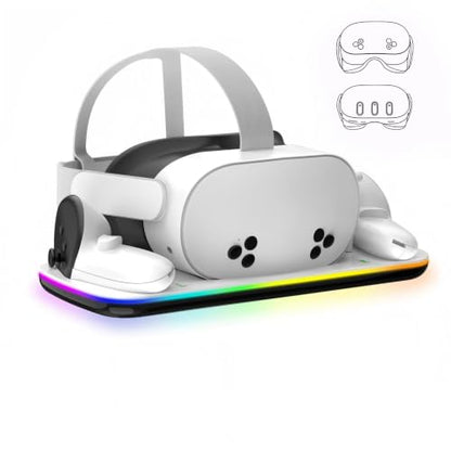 Charging Dock Compatible with Meta Quest 3/3S, Magnetic Fast Charging | Closable 9 RGB Modes, 2 Rechargeable Batteries, With USB-C Cable & Adapter, Compatible with VR Headset Controller Accessories