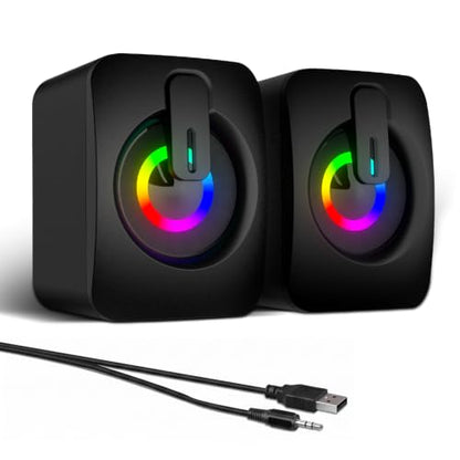 MELOGAGA RGB Computer Speakers, USB Powered 3.5mm Stereo for PC Laptop | Clear Stereo Sound, 7-Color RGB Lighting, USB Plug & Play, Compact Design with Inline Volume Control for Everyday Use