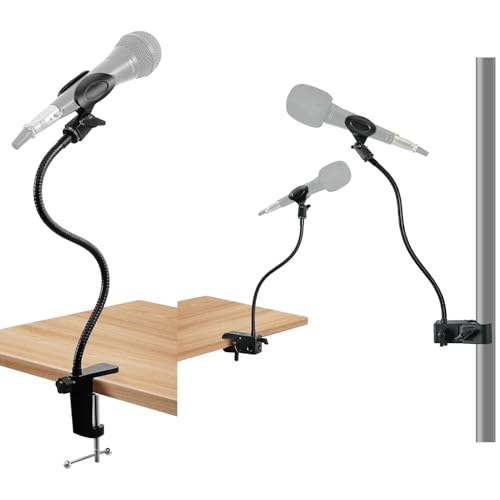 Flexible Gooseneck Microphone Holder & Quick-Release Mic Clip with Adapter Clamp, Compatible with Standard 3/8" Thread Microphones for Studio Streaming