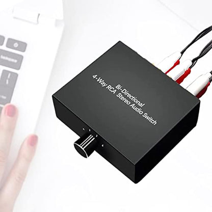 4 Ports Bi-Directional R L RCA Audio Switcher Box Audio Rotary Switch Plug and Play Audio Splitter for TV Game Console Easy Install Easy to Use, Black, 500448133