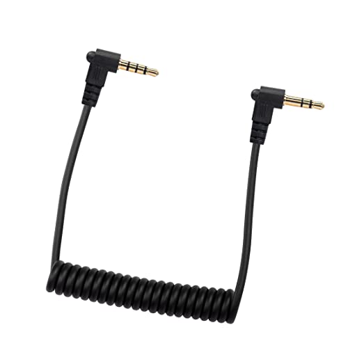 YACSEJAO 3.5mm TRS to TRRS Microphone Cable Coiled 90 Degrees 1/8" Male to Male Coiled Right Angle Mic Cord for Recording Microphones