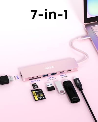 7-in-1 USB C Hub with 4K@60Hz HDMI, 2 USB-A, 1 USB-C, 100W PD Charging, SD 3.0 /TF 3.0 Card Reader, Compatible with MacBook Pro/Air/Neo, iPad Pro, iMac, iPhone 15-17 (Blush) - color: Blush