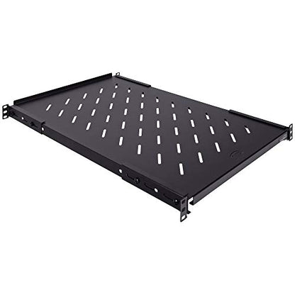 NavePoint Vented 4-Post Shelf, Adjustable, Black, 750 mm Depth, 1U, 242 lbs, Cold Rolled Steel - size: 30" Deep