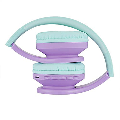 PowerLocus Bluetooth Headphones for Kids, Wireless Foldable Headphones Over Ear, Headphone with Microphone, 85DB Volume Limit, Wireless and Wired Headset with Micro SD, FM for Cellphones, Tablets, PC - color: Teal/Purple