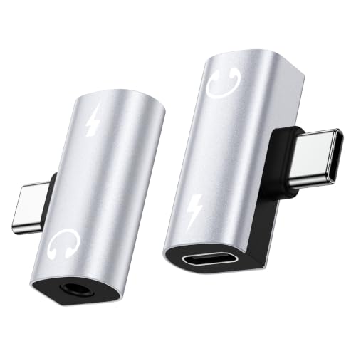 60W USB C to 3.5mm Audio Adapter & Charger, Right Angle T-Shape - Silver | Type C to Aux Jack Dongle for iPhone 17/16/15, Samsung S26/S25/S24 Ultra, Pixel. Ideal for Gaming and Car Audio - color: Silver