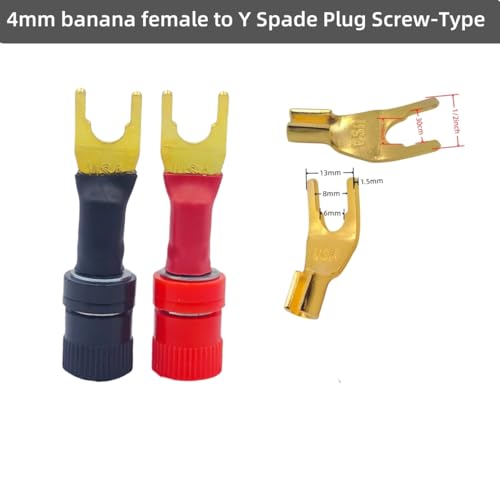 4-Pack Y-Spade to 4mm Banana Female Jack Socket Adapter, 24K Gold-Plated OFC Copper, Self-Locking 45° Fork, for Speaker Wire, Amplifier, AV Receiver, Home Theater, Hi-Fi Binding Post