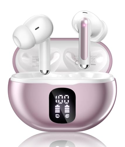 Wireless Earbuds, Bluetooth 5.4 Ear Buds Bass Stereo, Headphones with Noise Cancelling Mic, LED Display in Ear Earphones Clear Calls, IP7 Waterproof Bluetooth Earbuds for Phone/Android/iPad, Pink - color: Pink